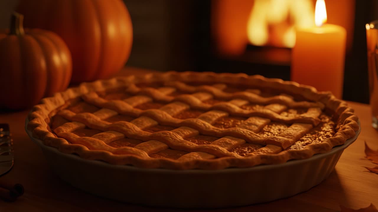 A Deliciously Golden Pumpkin Pie Warmly Illuminated by Candles, Surrounded by Pumpkins and a Cozy Fire, Perfect for Autumn Gatherings and Celebrations