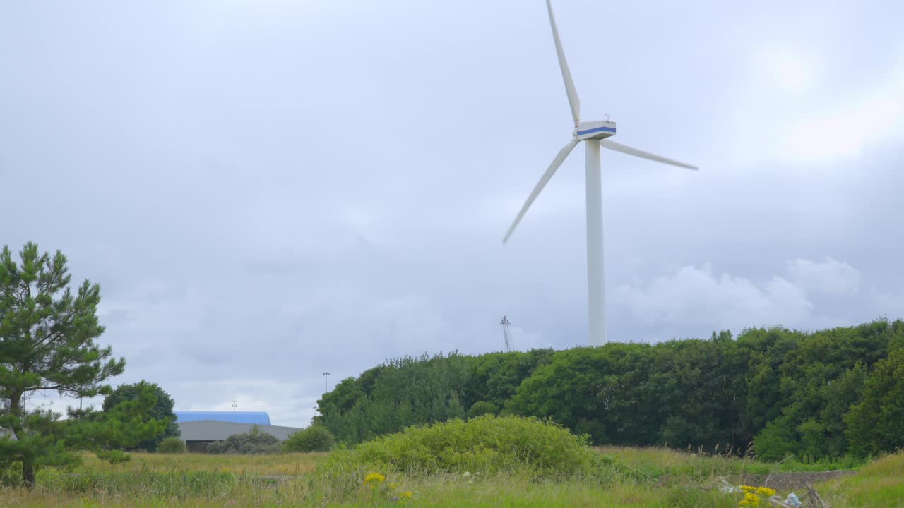 풍력 터빈은 나무 경계를 가로지르는 느린  ⁇