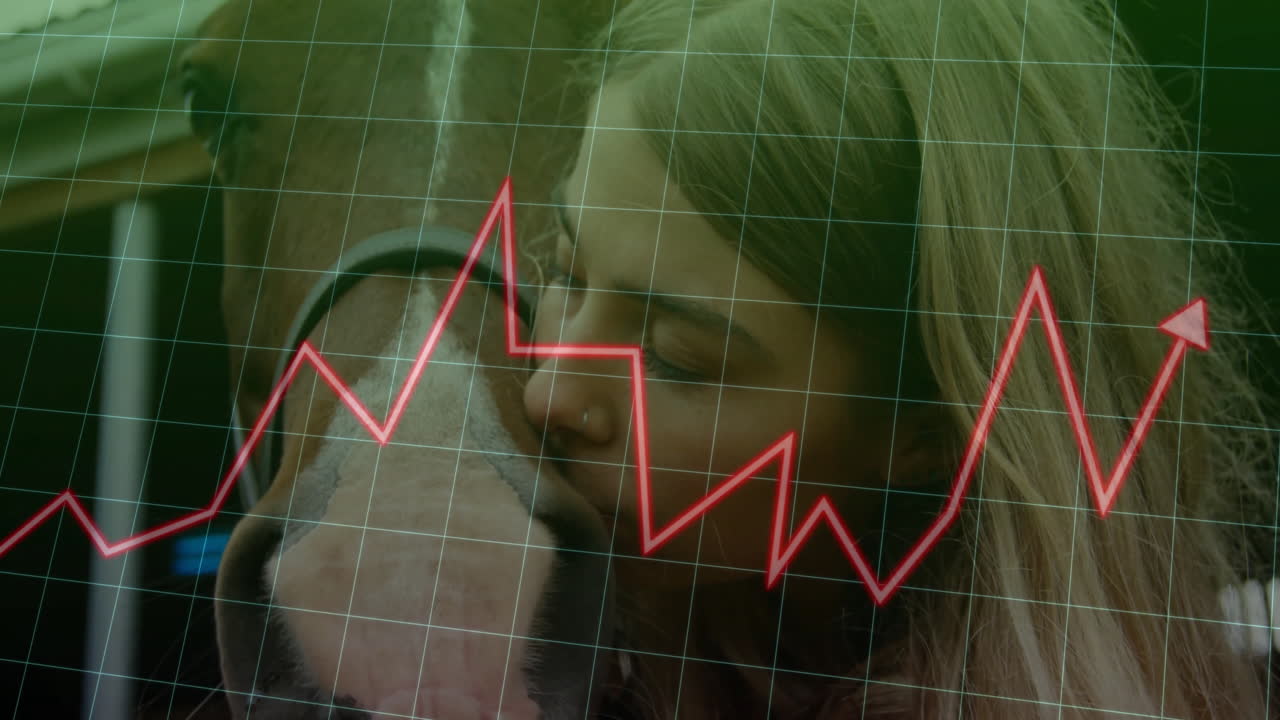 woman pressing face against horse muzzle in barn, displaying finance red line graph on grid
