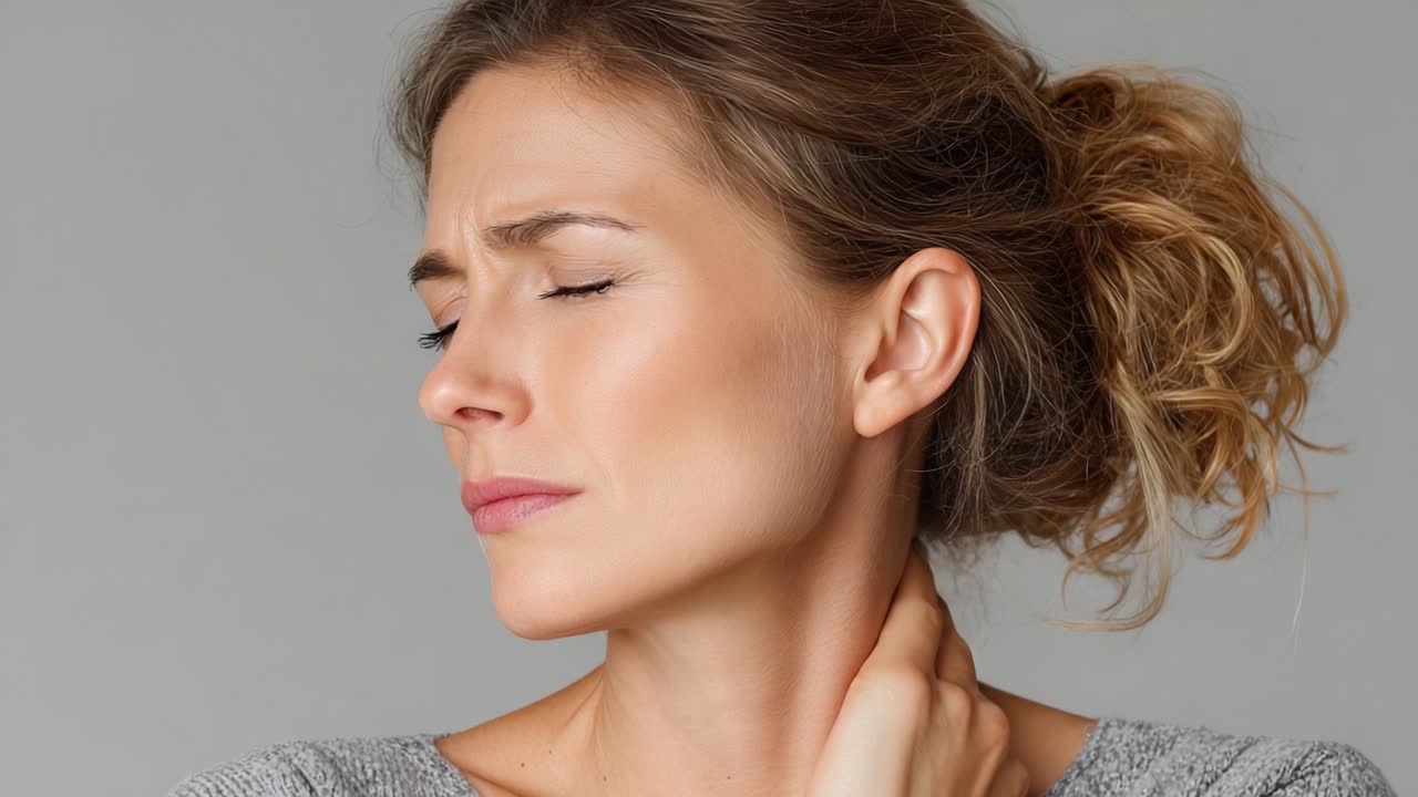 Ritratto emotivo di una donna che prova disagio, che riflette dolore e contemplazione mentre si tocca il collo con un morbido maglione grigio su uno sfondo neutro