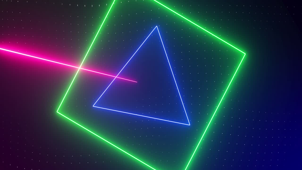 animación de formas rotativas de neón rosadas, azules y verdes con láseres rosados, verdes y azules, en negro