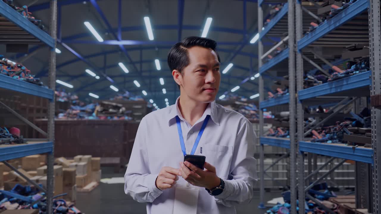 Un lavoratore professionista asiatico è in piedi con il suo smartphone in un magazzino industriale di rottami metallici e riciclaggio. Si guarda intorno prima di concentrarsi sul suo smartphone.