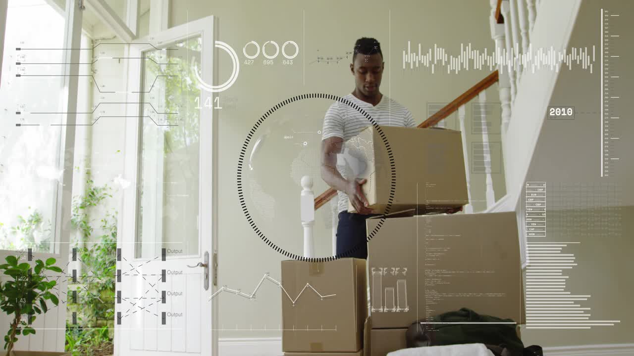 Man carrying moving box entering foyer and placing box on stack while HUD overlay showing stability