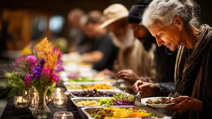 En glædelig sammenkomst: Forskellige personer nyder en farverig buffet blandt levende blomster og lys og fejrer fællesskab og kulinarisk mangfoldighed i en varm og indbydende atmosfære
