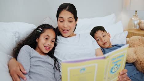 mother reading to children in bed