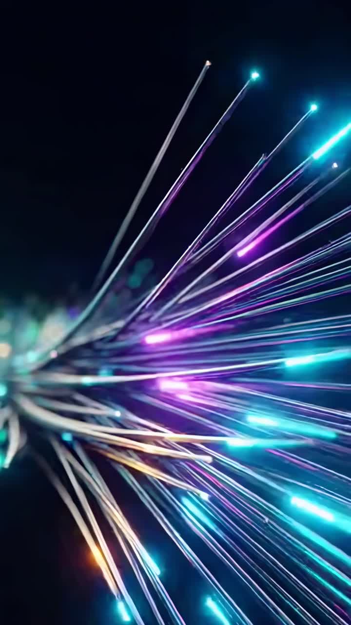 Vídeo dinámico de haces de luz coloridos, capturados desde un ángulo bajo, creando un ambiente futurista