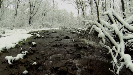 creek flows through snow-covered wooded landscape as snow falls