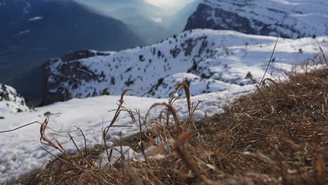 Steady-shot,-dry-grass-on-the-snowy-mountain-in-Italy,-scenic-view-of-fog-rising-above-the-mountain-range