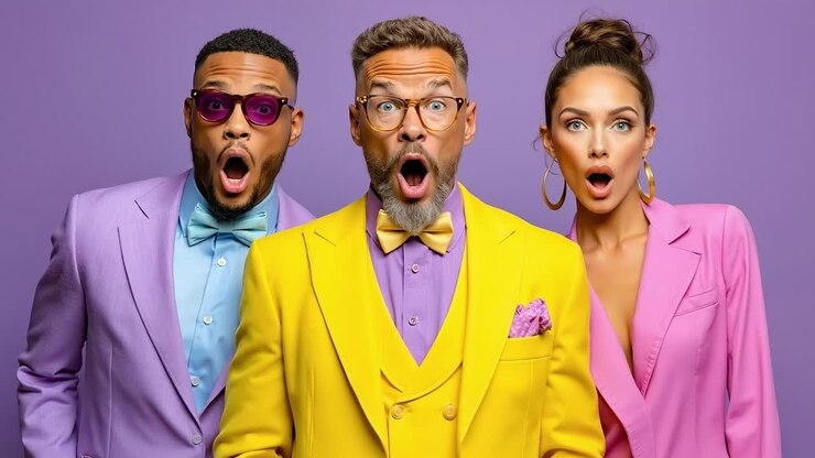 Un gruppo di tre persone in abiti colorati e papillon