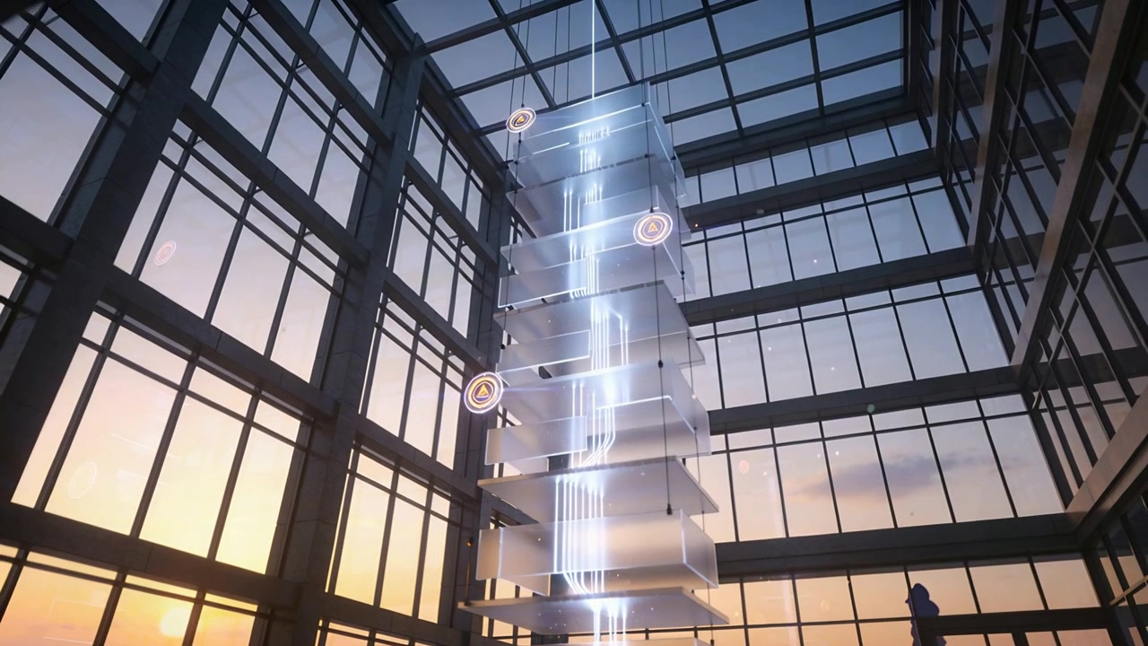 Câmera inclinando-se para mostrar torre com luz pulsante no átrio, sistema de escaneamento, hologramas e silhueta de casaco