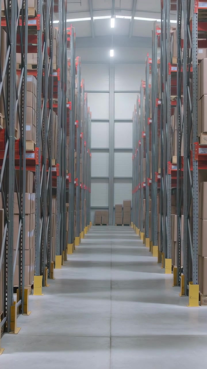 Vertical video: Moving camera down central pallet racks, revealing red beams and yellow guards