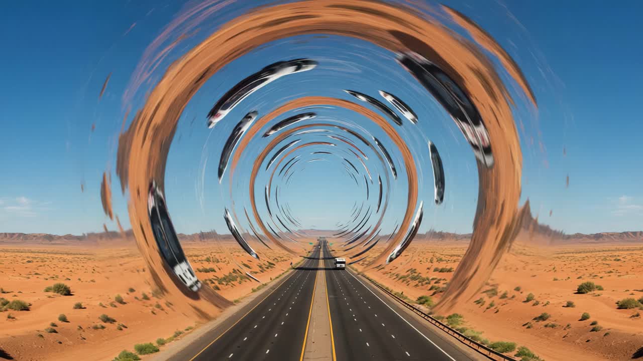 An Optical Illusion Featuring a Desert Highway with Spiraling Vehicles Captured in Stunning Detail, Highlighting the Contrast of Movement and Stillness in an Expansive Landscape