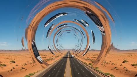 an optical illusion featuring a desert highway with spiraling vehicles captured in stunning detail, highlighting the contrast of movement and stillness in an expansive landscape