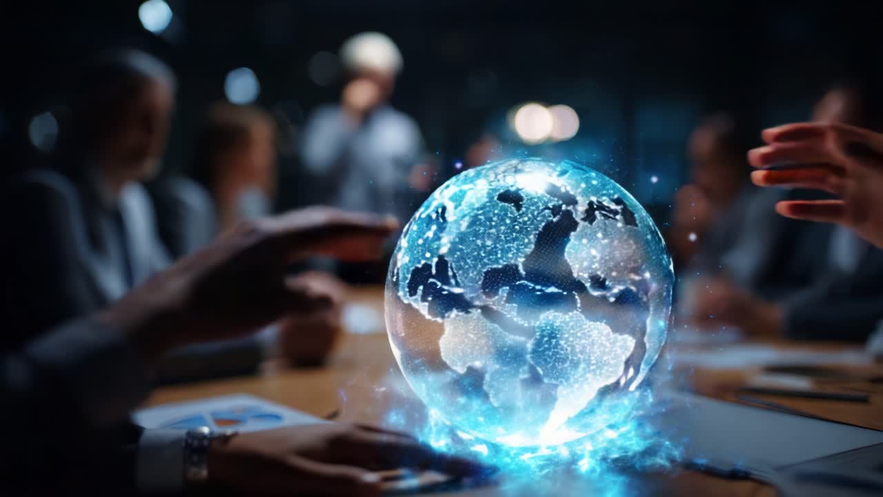 A captivating visual representation of a digital globe at a business meeting, showcasing a futuristic holographic Earth surrounded by engaged individuals in a collaborative discussion