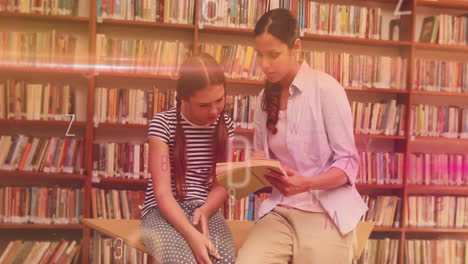 animación de letras y números sobre una maestra biracial sonriente con una colegiala caucásica