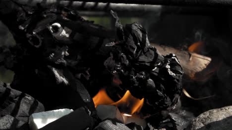 Close-up-View-of-Charcoal-Burning-in-a-Grill---Slow-motion-Steady-Shot