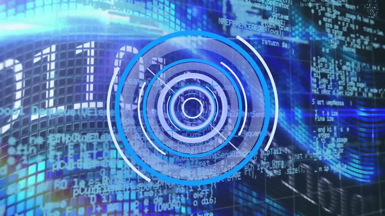 Animation of neon round scanner against data processing over buildings
