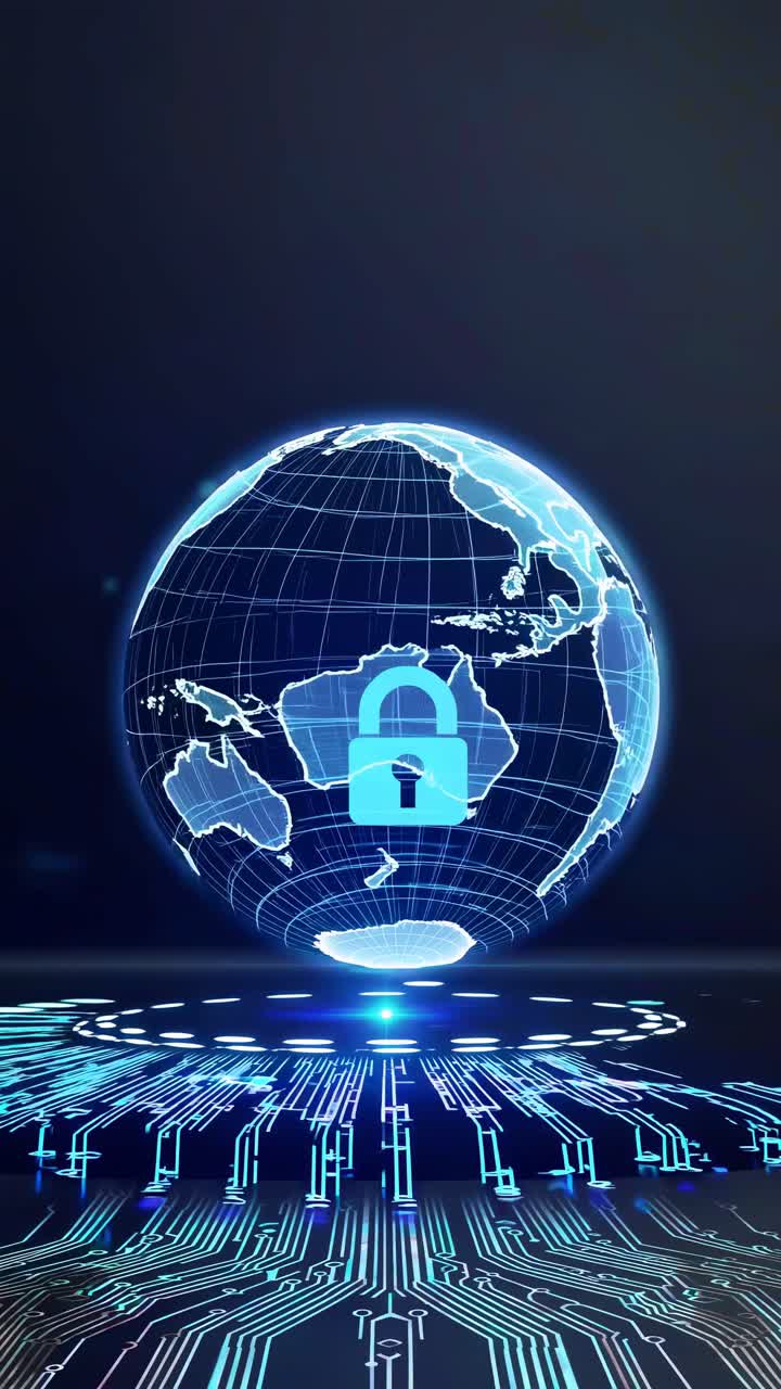 Futuristisk videokonsept av cybersikkerhet med en glødende jordklode og hengelås.
