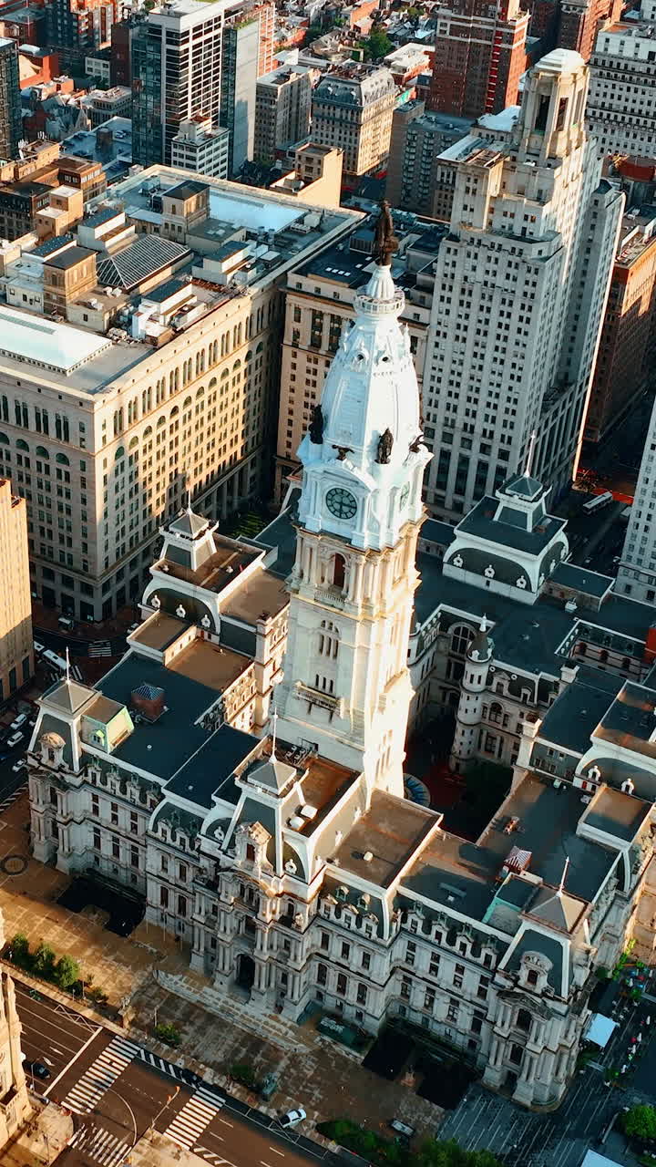 View of Philadelphia City Hall Broad Street from bird's eye perspective. Heart of the city at daytime. Vertical video