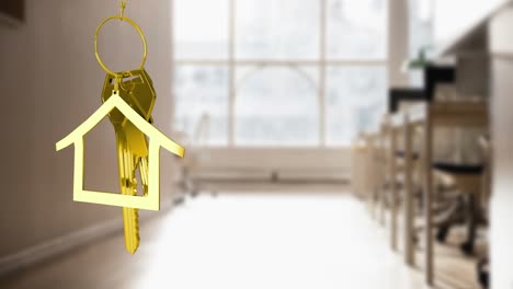 Animation-of-hanging-golden-house-keys-against-interior-of-a-classroom