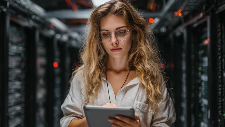 Una donna concentrata interagisce con la tecnologia in un data center, circondata da server, a dimostrazione della connettività moderna e dell'affidabilità digitale