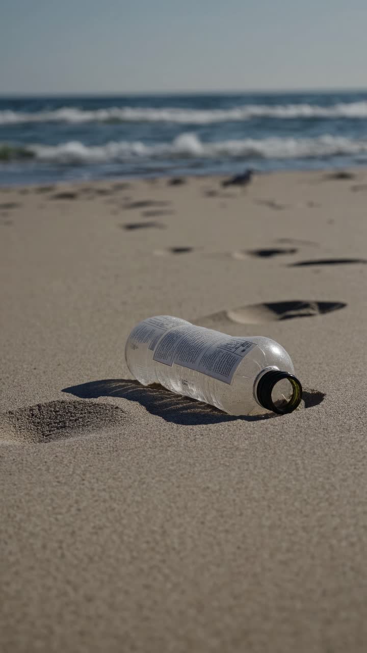 Inquadratura dal basso di una bottiglia di plastica su una spiaggia sabbiosa, evidenziando l'inquinamento ambientale.