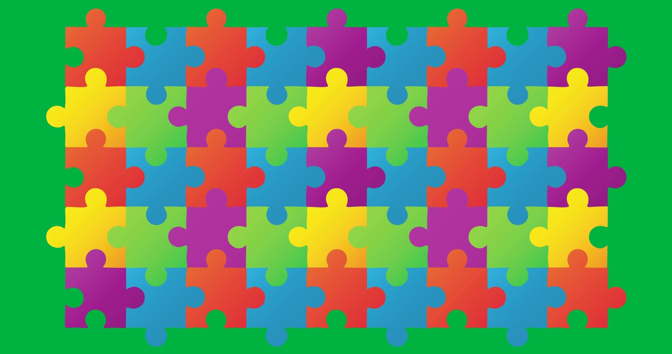 Animation of multi coloured puzzle elements forming rectangle Autism Awareness Month symbol
