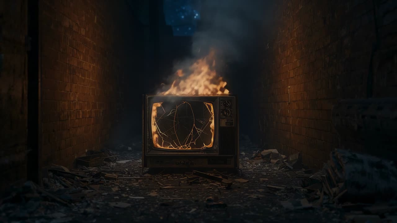 Smoke rising igniting flames engulfing broken CRT television in brick alley, with embers flickering