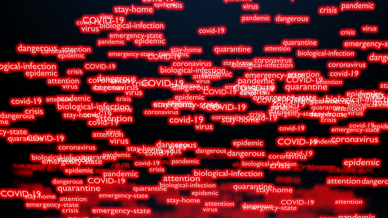 la etiqueta nube de texto de neón rojo en el tema de la pandemia de coronavirus. fondo covid19 con la etiqueta palabra nube. texto de neon nube 3d con animación suave.