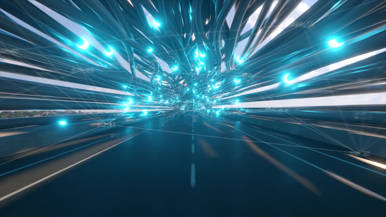 Flying in a futuristic fiber optic tunnel with a road. Future technologies concept. Business background. Pleasant natural lighting. Technological connections. Seamless loop 3d render