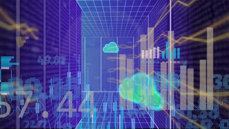 Animation-of-cloud-icons,-data-processing-and-connections-over-computer-servers