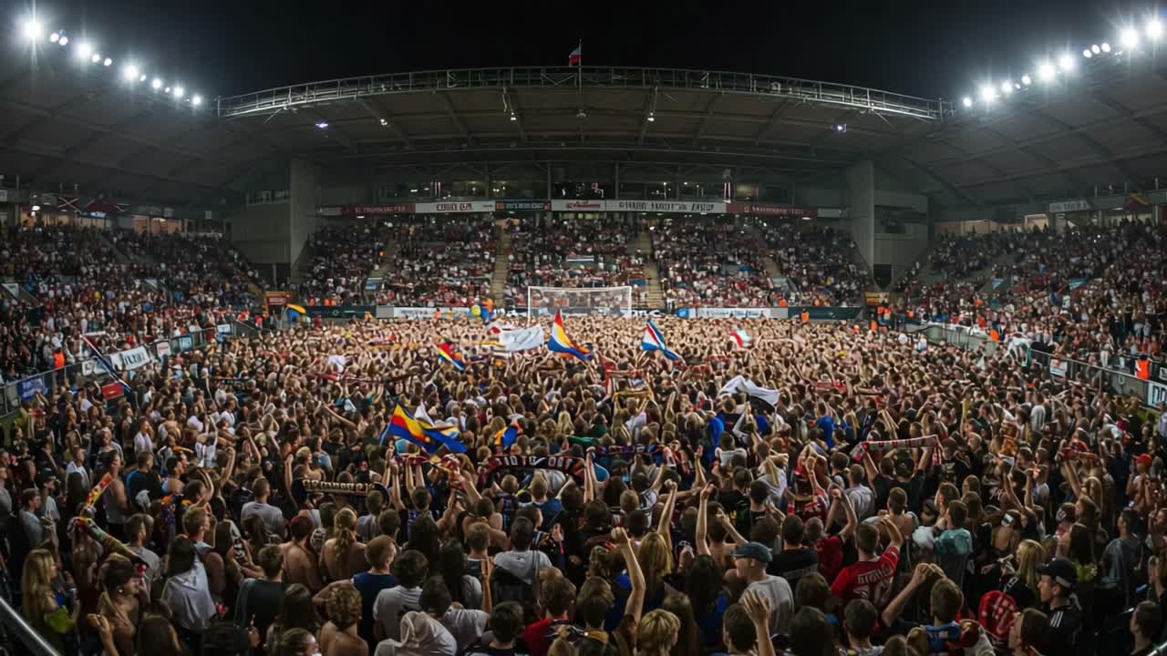 A Sea of Enthusiasm: A Crowd of Fans Celebrating in a Packed Stadium with Flags and Full Energy during the Exciting Climax of a Sporting Event