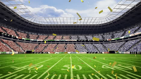 animación de confeti dorado cayendo contra la vista del estadio de deportes de rugby