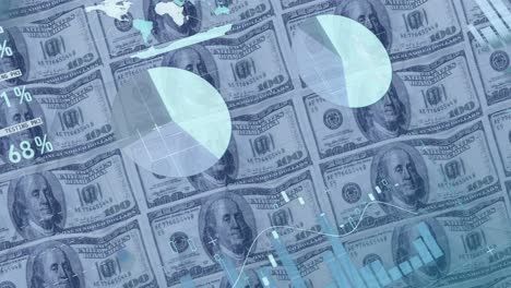 animación del procesamiento de datos financieros sobre billetes de dólares estadounidenses
