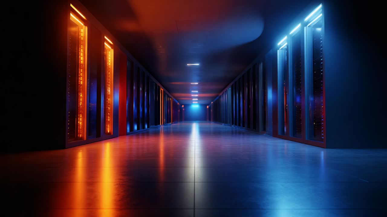 A Dramatic View of a Futuristic Data Center Hallway Lit by Striking Blue and Orange Lights, Showcasing Rows of Servers Organized Symmetrically Along the Walls, Creating a Technological Atmosphere of Innovation