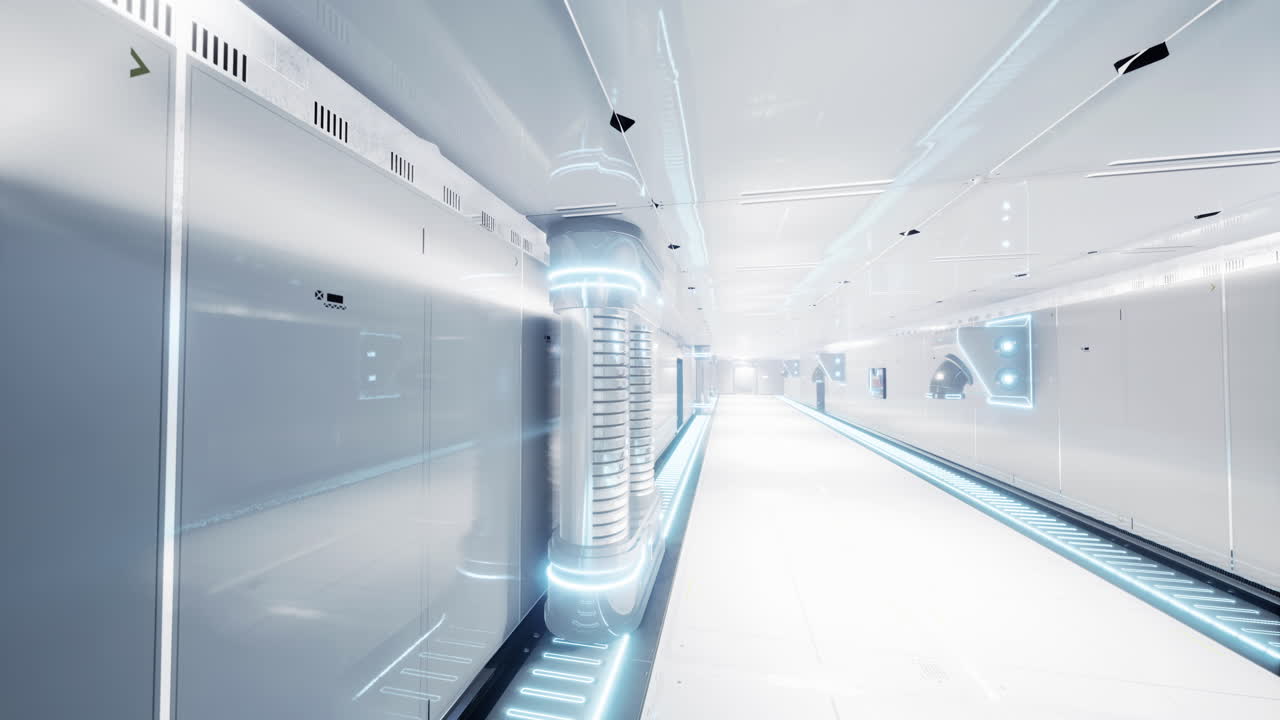 Futuristic corridor with glowing features in a modern building space