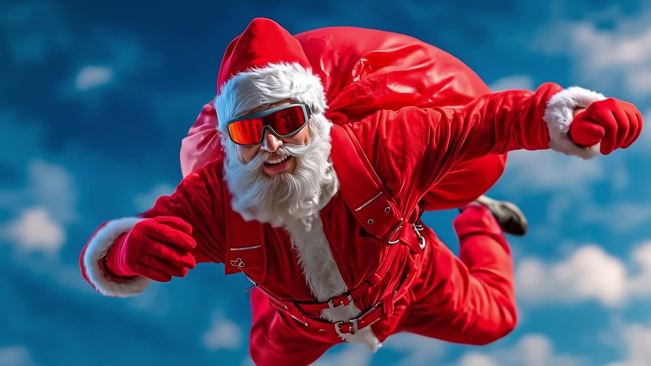 A man dressed as Santa Claus flying through the air with a parachute