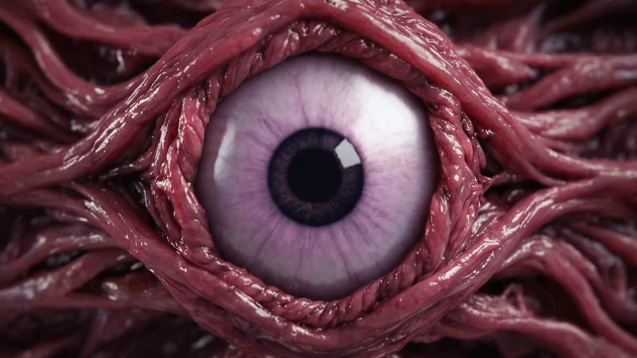 Primo piano di un bulbo oculare che si apre e fissa mentre filamenti carnosi e contorti si stringono intorno all'occhio in un movimento surreale
