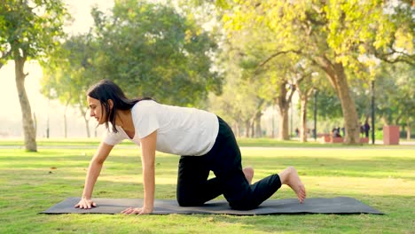 indian woman setting yoga mat in a park in morning