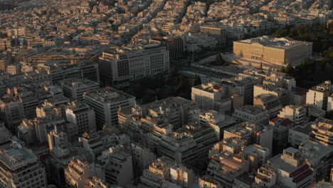 Aerial-View-of-The-Hellenic-Parliament-in-Athens,-Greece-in-beautiful-Golden-Hour-light