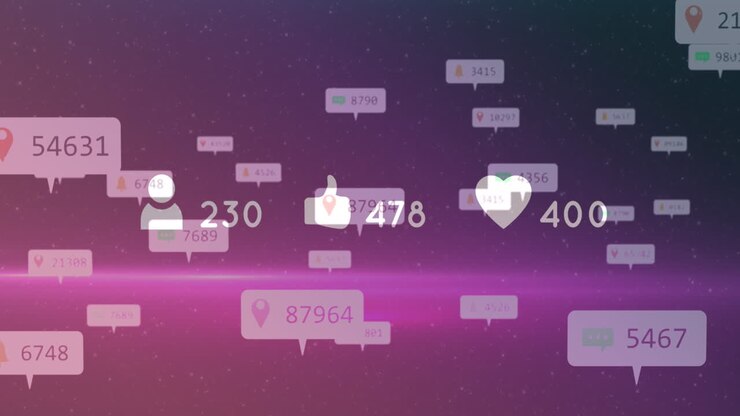 Animation of social media icons with numbers over light spots on purple background