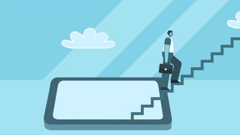 businessman with briefcase climbing stairs from smartphone. success and business concepts. flat design cartoon character isolated loop 2d animation