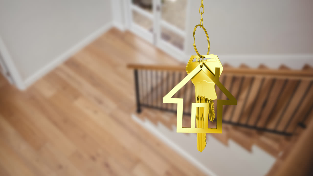 animación de la llave de oro y el anillo de llave de la casa sobre el interior borroso de la casa