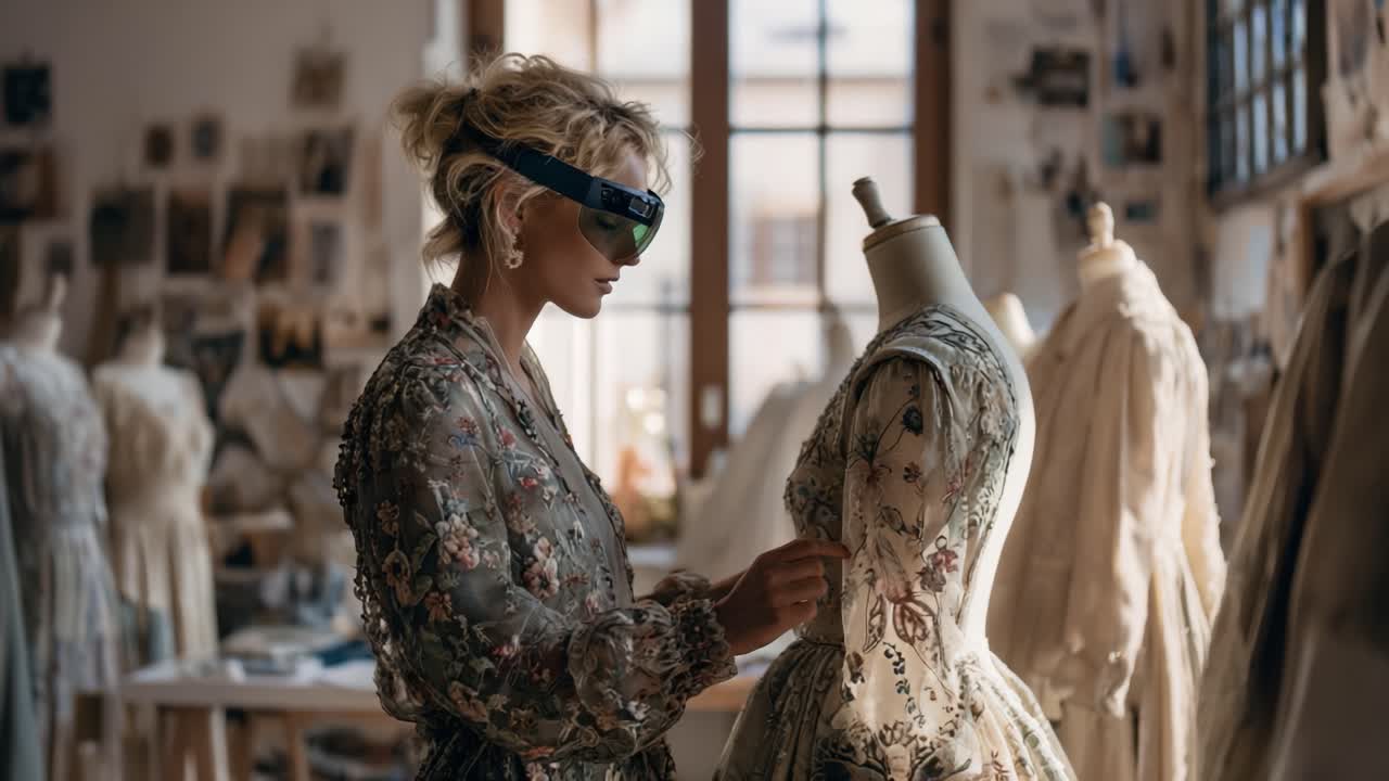 A talented designer meticulously inspects a stunning dress adorned with floral embroidery, showcasing creativity and craftsmanship in a well-lit fashion studio filled with elegant garments and artistic inspiration