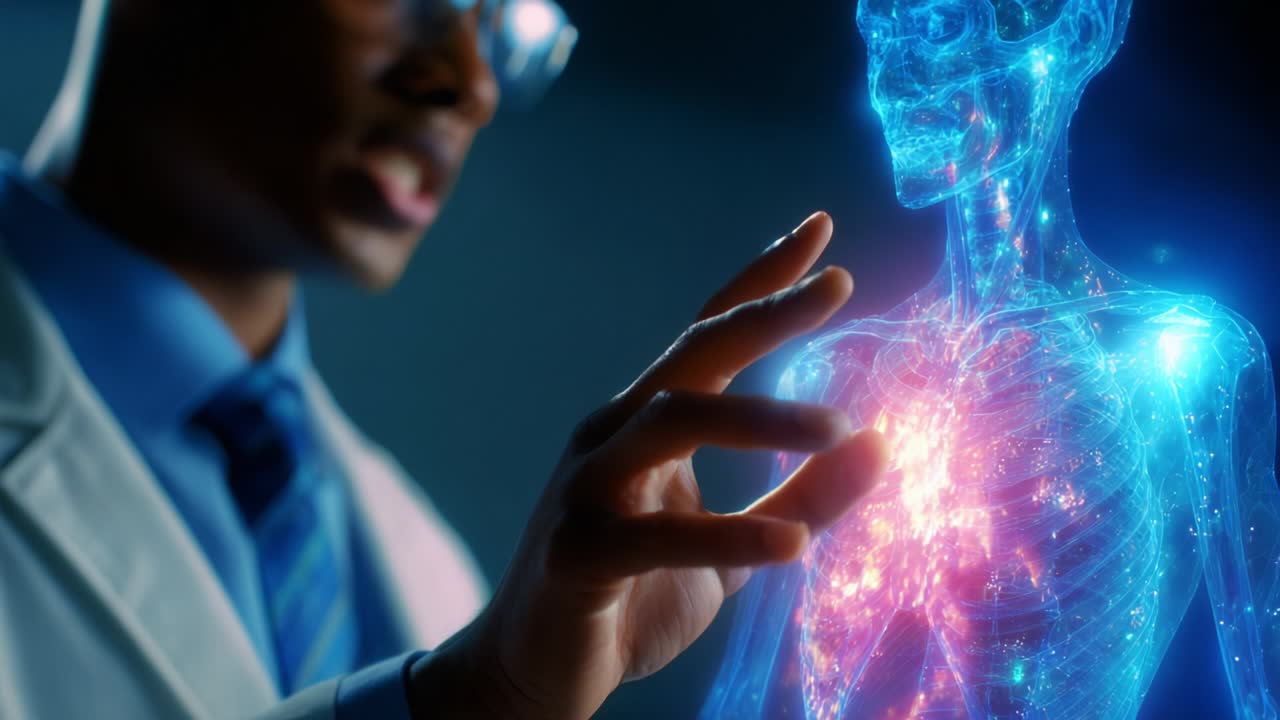 A scientific exploration of the human body where a researcher interacts with a holographic anatomical model, showcasing advanced technology and the intricate connection between mind and physiology