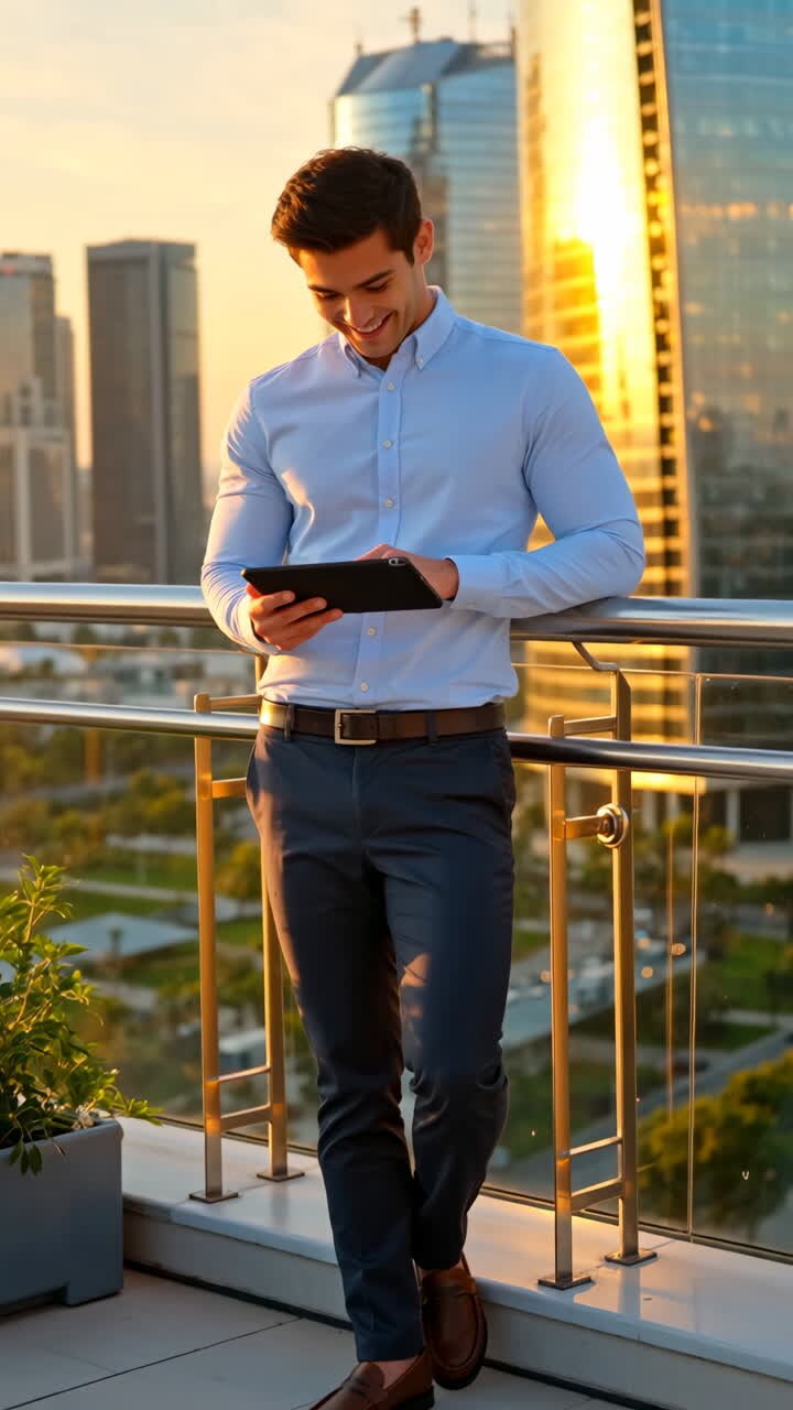 Man using tablet in city