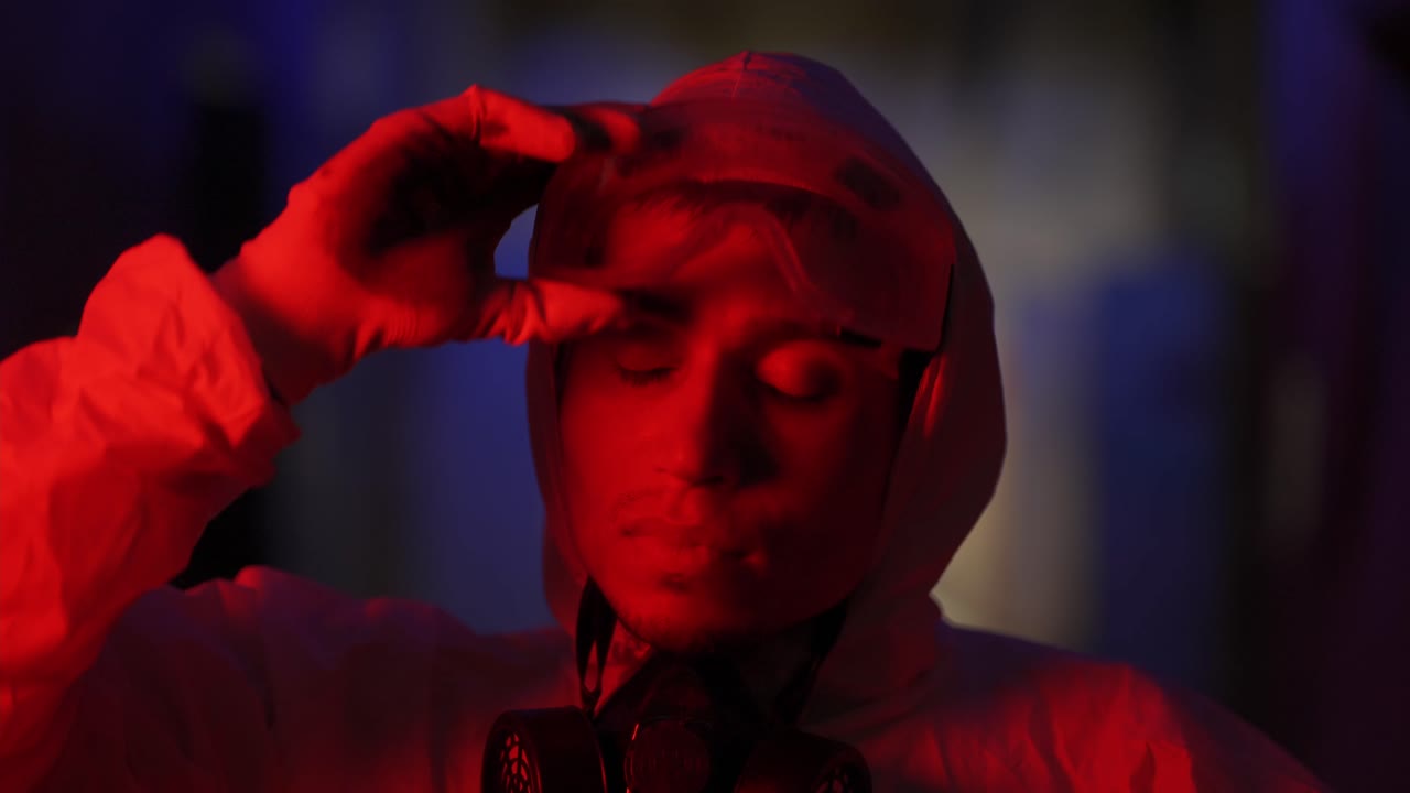 retrato de humo rojo trabajador quitó la máscara protectora y el respirador