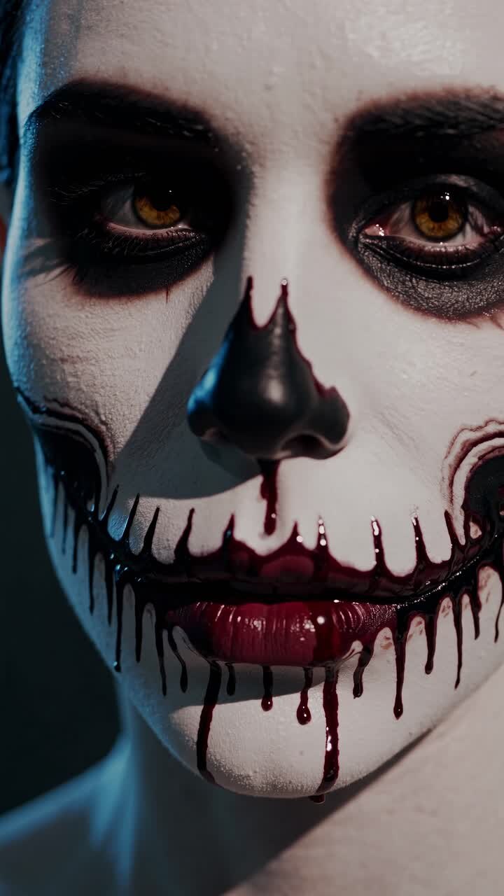 Close-up video frame of a person with intricate skull makeup, capturing intense eyes and detailed