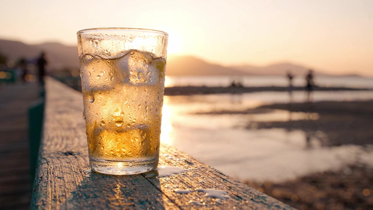 Bicchiere rinfrescante di bevanda ghiacciata al tramonto, con goccioline d'acqua scintillanti che brillano nell'ultima luce del giorno, evidenziando il relax e la serenità costiera.