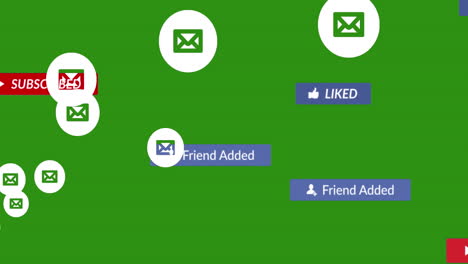 Animation of social media text on banners with digital icons over green background